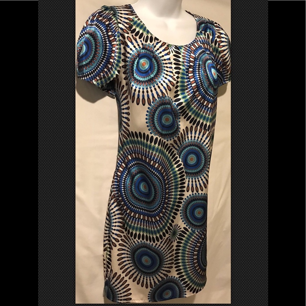 ARYEH Dress Boho Blue Geometric Circles Shift Scoop Neckline Small - Picture 6 of 10